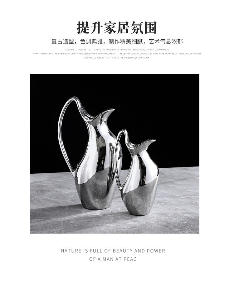 Living Room Home Silver Pot-shaped Ceramic Vase Flower Model Room Ornament Soft Decoration