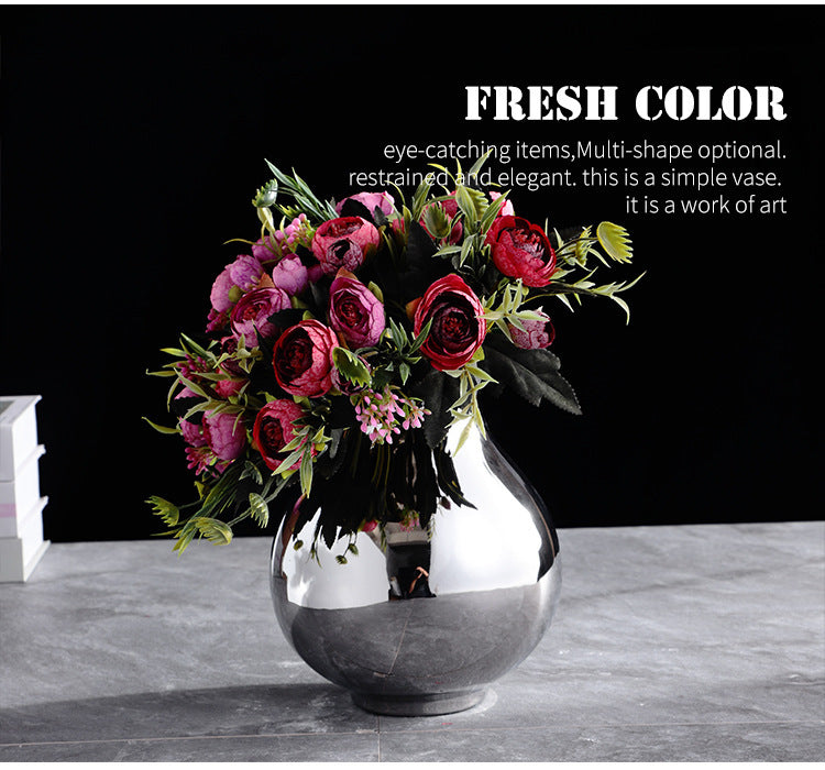 Living Room Home Silver Pot-shaped Ceramic Vase Flower Model Room Ornament Soft Decoration