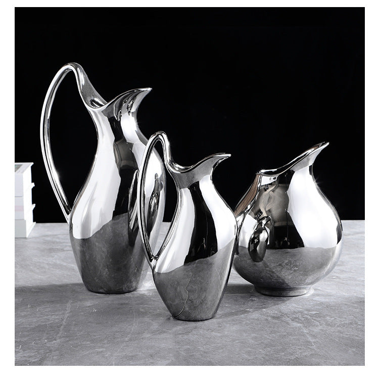 Living Room Home Silver Pot-shaped Ceramic Vase Flower Model Room Ornament Soft Decoration