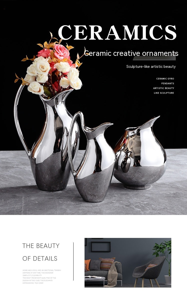 Living Room Home Silver Pot-shaped Ceramic Vase Flower Model Room Ornament Soft Decoration